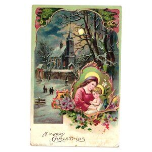 Vintage Christmas Postcard Featuring Church Madonna Child Winter Christmas Card